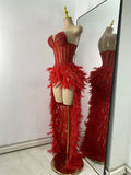 Women Sexy Straplss Crystals Diamonds Feather Luxury Party Dress Designer Mesh Transparent Performance Stage Outfit