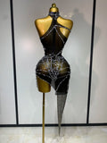 Women Luxury Black Mesh See Through Crystal Diamond Bodycon Dress Sexy Evening Party Club Nightclub Dress Singer Stage Costume