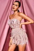 Gorgeous Sequin Embroidered Feather Skirt Glam Tube Top Miniskirt Birthday Party Dinner Performance Wear Cocktail Formal Gown