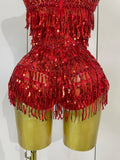 Luxury Sparkly Rhinestone Sequins Tassel Mesh Bodysuits Women Celebrate Eveing Birthday Party Nightclub Bar Dencer Stage Costume
