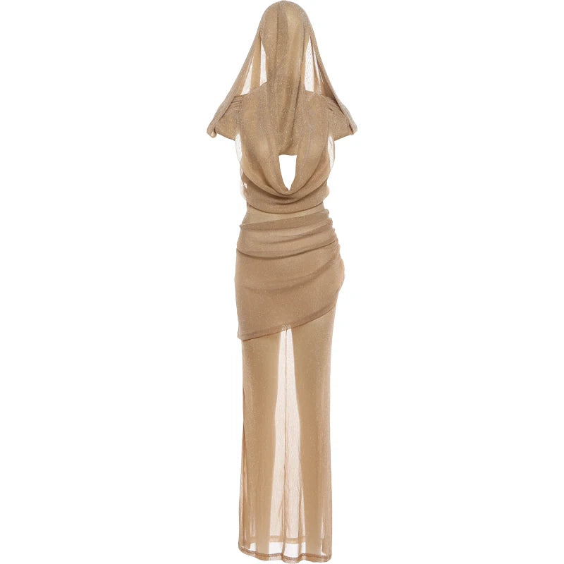 Mesh Hooded Dress Women Halter Swing Collar Backless Ruched Peach Hip 2026 New Vacation Sexy Elegant Hottie Bodycon