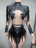 Sexy Skinny Leotard Singer Dancer Show StageWear Sparkly Blue Rhinestones Women DanceCostume Fringes One Shoulder Bodysuit  7G
