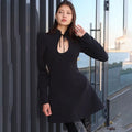 White Lace Up Short Dress Women's Elegant Stand Collar Long Sleeve Slim A Line Party Evening Gown Retro Summer Dress