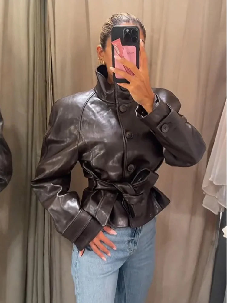 Stand Collar Faux Leather Cropped Jacket Waist Belted Button Long Sleeve Outerwear Winter New Street Women Daily Casual Outfit