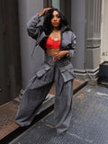 Denim Women's Set Ruched Long Sleeve Jacket and Pocket Front Loose Jeans Pants Two 2 Piece Sets Outfits Tracksuit