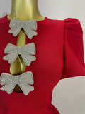 Shiny Bow Sexy Cut Out Short Sleeve Red Bodycon Bandage Long Dress Women Evening Party Celebrate Birthday Knitted Club Prom Gown