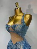 Sparkly Blue Rhinestone Tassel Mesh See Through Dress Pole Dancer Singer Outfit Women Sexy Evening Party Club Stage Costume