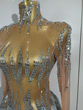 Sparkly Rhinestone Golden Sequins Tassel Sexy Transparent Dress Women Evening Birthday Party Nightclub Dance Singer Stage Outfit