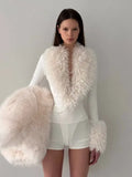 White Faux Curly Fur Bodysuit Women Chic Solid Deep V Long Fluffy Sleeves Shorts Bodysuit 2026 Lady Party Street Matching Suit