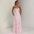 Jacquard Chiffon Long Dress Women's Backless Bandage Dresses Summer Evening Wedding Guest Green White Burgundy Pink Graduation