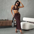Women 2 Piece Set Sexy Halter Sleeveless Triangle Bra Crop Top Hollow Maxi Skirt Set Slim Knit Summer Beach Vacation Set