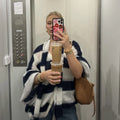 Fashion Striped Sweater Cardigan With Scarf Female Loose Thin Hollow Knitted Top Lantern Sleeve Contrast Color Retro Top
