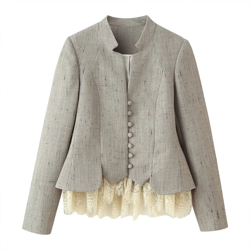 Spliced Lace Hem Jacket Elegant Long Sleeve V-neck Waisted Contrast Lace Bottom Design Casual Coat Autumn Fashion Retro Jackets