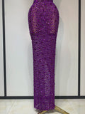 Sparkly Gold Rhinestone Sleeveless Stretch Long Dress Women Sexy Mesh Celebrate Evening Prom Birthday Dress Photo Shoot Wear