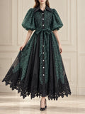 Spotted Print Shirt Maxi Dress for Women Puff Sleeve Point Collar Self Tie Sash Waistband Lace Hem Patchwork Mesh Overlay