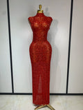 Sparkly Gold Rhinestone Sleeveless Stretch Long Dress Women Sexy Mesh Celebrate Evening Prom Birthday Dress Photo Shoot Wear