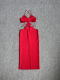 Red Black Color Women Sleeveless Sexy Strap V-Neck Keyholes Bodycon Long Bandage Dress Fashion Celebrate Nightclub Party Dress