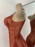 Sparkly Gold Design Evening Party Dress Luxury Rhinestones See Through Sexy Women's Clothing Mesh Stretch Birthday Dresses