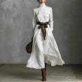 Autumn Elegant High Collar Solid Color Long Sleeved A-line Large Dresses Women Temperament Vacation Long Dress Chic Evening Gown