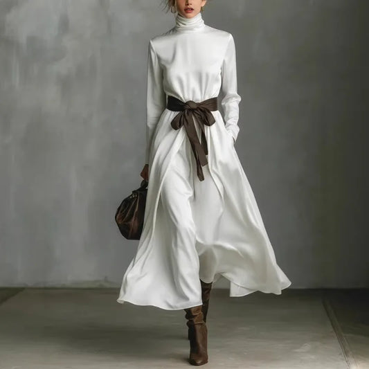 Autumn Elegant High Collar Solid Color Long Sleeved A-line Large Dresses Women Temperament Vacation Long Dress Chic Evening Gown