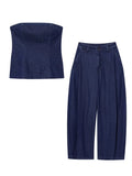 American Retro Two Piece Set for Women Strapless Sleeveless Tank Tops High Waist Wide Leg Pants Denim Suit Female