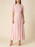 Art Exhibitions Pink Pleated Maxi Dress for Women Puff Sleeve Twist Waist Accent Pleated Bodice for Wedding Guest
