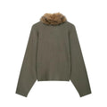 Women Olive Green Fur Collar Oversized Long Sleeve Fuzzy Trim Open Front Knit Cardigan Sweater Fall 2026 Casual Trendy New Wears