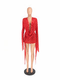 Summer Polka Dot Print Dress Woman Sexy Swing Collar Backless Batwing Sleeve Tassel Clubwear Party Midnight Bodycon