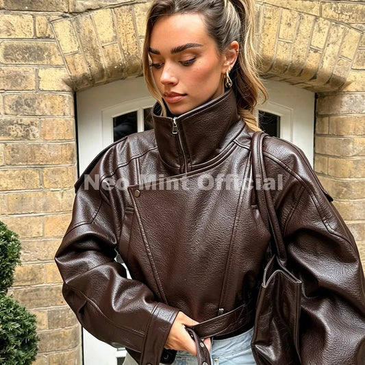 Chic Street Fashion Girls Brown Cropped Faux Leather Jacket Women Funnel Neck Loose Motorcycle Short PU Leather Coat