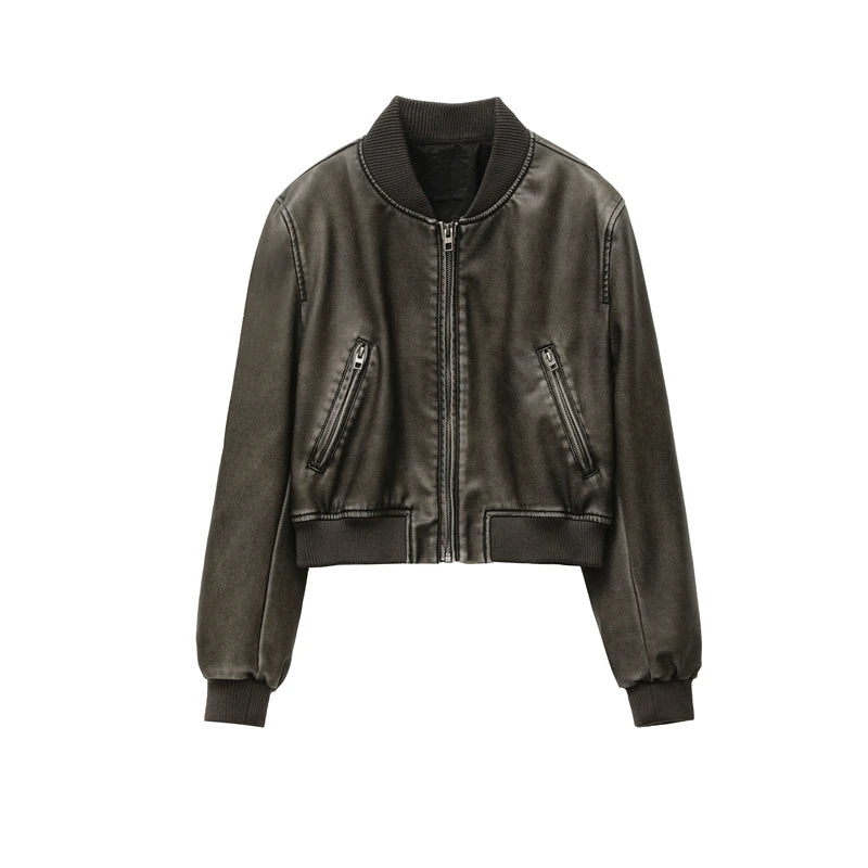 Women's Jacket New Vintage Imitation Leather Bomber Jacket Coat Top Women's Style