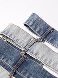 Slimming Sexy Irregualar Skirt For Women High Waist Holloe Out Patchwork Buttons Temperament Denim Skirts Female