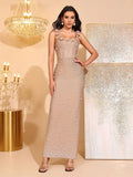 Women'S Luxury Pearl Bead Tight Bandage Long Dress Sexy Square Neck Sleeveless Elegant Evening Wedding Banquet Party Gown
