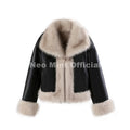 Exclusive Black Faux Leather Fur Cropped Coat Women Winter 2026 Chic Reversible Gradient Fluffy Fox Fur Jacket Overcoat