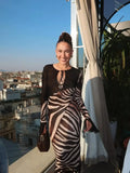 Women Zebra Stripe Long Dress Fashion Elegant Lace Up Full Sleeve Slim-fit Robes 2025 New Evening Party Fashion Lady Vestidos