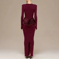 Elegant Style Pencil Dresses for Women O Neck Shoulder Pud Long Sleeve High Waist Pleated Slim Maxi Dress Female