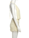 Mesh Mini Dress Women Lace-Up Halter Sexy Backless Pearl Tassel Club Party Ruched Elegant Outfits