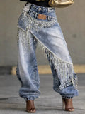 Women Jeans High Waist Deconstructed Layered Patchwork Washed Tassel Fringe Streetwear Fashion Autumn