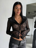 Patchwork Fur Collar Lace t-Shirt Women See Through Single-Breasted Full Sleeve v-Neck Skinny Sexy Midnight Crop Tops