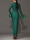 Women Elegant Evening Club Party Trumpet Long Sleeves Sexy Turtleneck Tight Maxi Bandage Dress Black Vestido