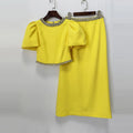 Solid Luxury Diamond Tops & Skirt Two Piece Sets For Women Bubble Short Sleeve Short Top High Waist Skirt Set Female New