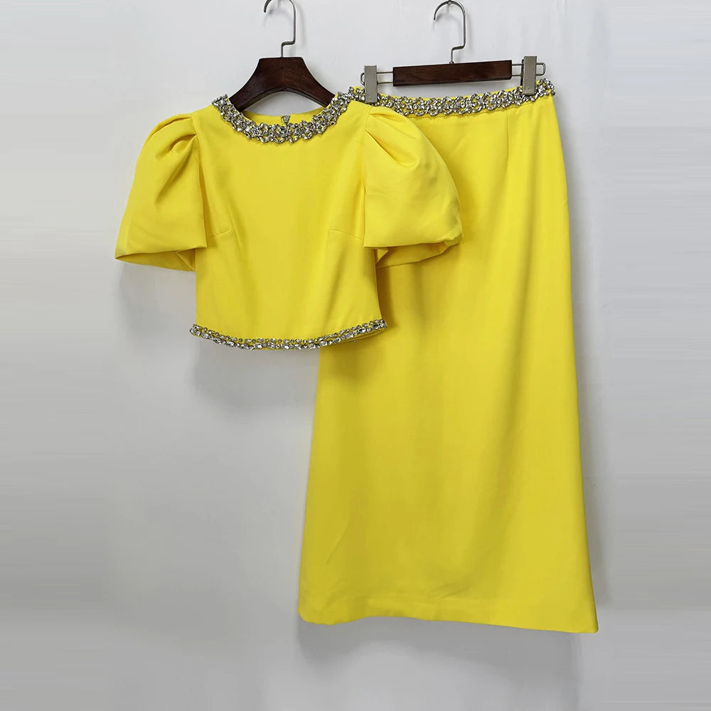 Solid Luxury Diamond Tops & Skirt Two Piece Sets For Women Bubble Short Sleeve Short Top High Waist Skirt Set Female New