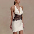 Sexy Halter Spliced Lace Hollow Dress for Women V Neck Tunic Backless Sexy Hot Girl Hit Color Mini Dresses Female