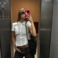 Solid Two Peice Set for Women Lapel Short Sleeve Shirt Low Waist Spliced Fungus Edge Mini Skirt Sweet Suit Female