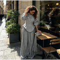 Grey Long Sleeve 2 Piece Outfit Chic Lapel Zip Slim Top Long Fringe Wide Leg Pants 2026 Autumn Women Casual Lady Matching Set