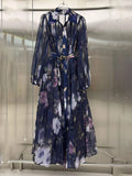 Floral Print Shirt Maxi Dress for Women Point Collar Long Lantern Sleeve Button Front Detachable Buckle Belt Sheer Chiffon