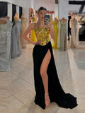New Fashion Gold Color Laced-up Tops 2 Pieces Bodycon Floor-length Dress Elegant Evening Party Celebrate Dress Vestido