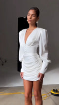 Sexy Women Deep V Puff Long Sleeve Satin Dress Solid Waist-cinching Design Ruched Slim Fit Dresses Elegant Party Lady Gowns 2026