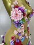 Sexy Halter Mesh See Through Long Dress Women Sparkly Diamonds 3D Flower Evening Party Birthday Photoshoot Nightclub Stage Wear