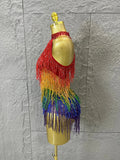 Sexy Rainbow Gradient Fringe Halter Bodysuit Rhinestone Choker Women Stage Performance Carnival Party Outfit