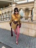 Camel Plaid Wool Blend Blazer Women Belted Waist Faux Fur Collar Vintage Shoulder Pads Coats Elegant Winter Outerwear Jackets